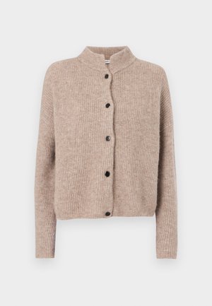 Beige knitted cardigan with a high collar, ribbed texture, and five black buttons down the front. Short, slightly loose sleeves.