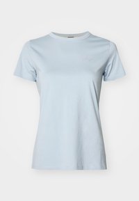 Light blue cotton t-shirt with a round neckline, short sleeves, and a subtle embroidered logo on the chest. Smooth texture and casual fit.