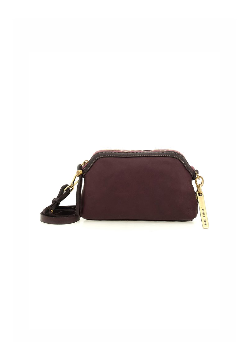 Pochette in pelle bordeaux con hardware dorato, chiusura a zip e tracolla staccabile. Texture liscia con un design semplice ed elegante.