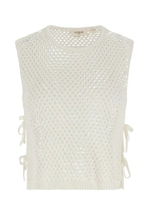 Mouwloos wit gebreid gaasvest met zijstrikjes en een ronde hals van Guess Beach, maat small.