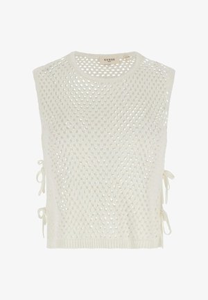Gilet senza maniche bianco a rete lavorato a maglia con lacci laterali e scollatura rotonda di Guess Beach, taglia piccola.