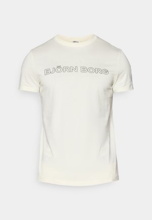 Cream-colored cotton t-shirt with short sleeves, featuring bold black text "BJÖRN BORG" across the chest in a rounded font.