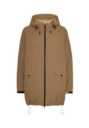 Bruine capuchonjack met een rits aan de voorkant, twee grote zakken aan de voorzijde, elastische zoom en gestructureerde stof. Beschikt over zwarte rits- en trekkoordaccenten.