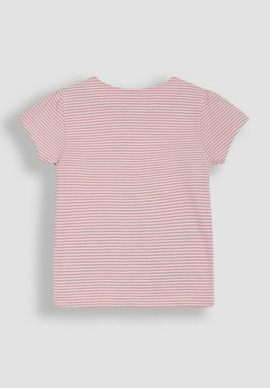 Top de manga corta a rayas rosa y blanco con escote redondo. Tela suave; corte casual. Detalles de costura en los hombros, sin patrones adicionales.