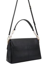 Zwarte leren handtas met een gestructureerde vorm, voorzien van een bovenhandvat en een afneembare schouderriem. Accenten van hardware in goudtint, minimale naden.