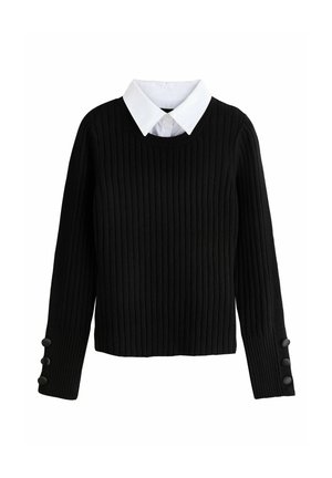 Schwarzer, gerippter Pullover mit weißem Kragen, langen Ärmeln und schwarzen Knopfdetails an der Manschette. Strukturierter Stoff, kurz geschnittenes Design.