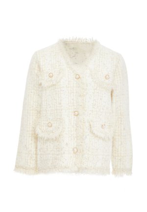 Weißes Tweed-Jackett mit kariertem Muster, fransigen Kanten, Perlenknöpfen und zwei Fronttaschen mit dekorativen Details.