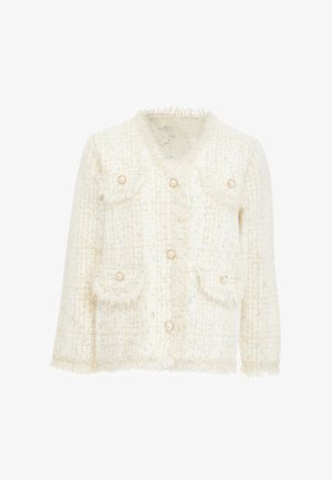 Weißes Tweed-Jackett mit kariertem Muster, fransigen Kanten, Perlenknöpfen und zwei Fronttaschen mit dekorativen Details.