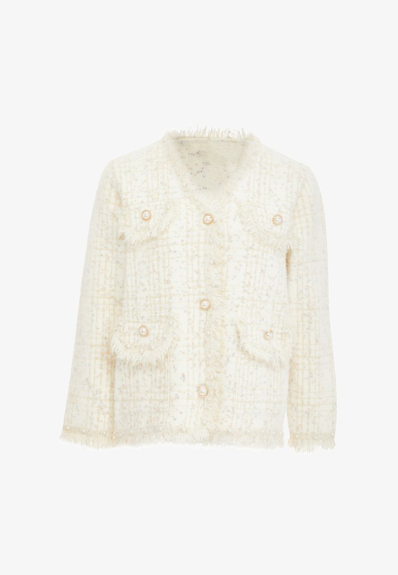 Fehér tweed zakó kockás mintával, rojtos szélekkel, gyöngygombokkal és két elülső zsebbel, díszített részletekkel.