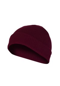 Burgundy knit beanie with a ribbed texture, featuring a turned-up cuff and rounded crown. Made from soft, flexible material.