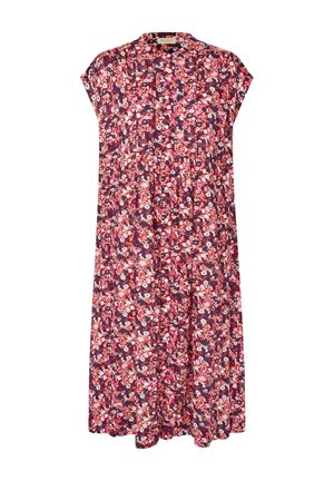 Løs og knælængde kjole med korte ærmer, knappe foran og blomstermønster i rød, lyserød, hvid og mørkeblå.
