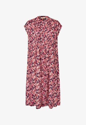 Løs og knælængde kjole med korte ærmer, knappe foran og blomstermønster i rød, lyserød, hvid og mørkeblå.