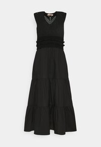 Ärmelloses schwarzes Maxikleid mit gestricktem Struktur-Oberteil, V-Ausschnitt, Rüschendetails an der Taille und gestuftem, gerafftem Rock.