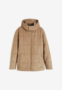Giacca puffer in corduroy marrone con colletto alto, bottoni a pressione e due tasche laterali con zip. Tessuto testurizzato con cuciture orizzontali.