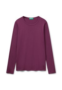 T-shirt à manches longues avec col ras du cou en violet prune uni, arborant un petit logo près de l'ourlet inférieur et une étiquette de marque verte à l'intérieur du col.