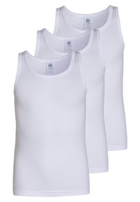Three white cotton tank tops with a ribbed texture. Each has a round neckline and minimal stitching, featuring tags indicating organic material.