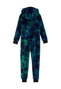 Mikina s kapucňou tmavomodrej farby so zeleným vzorom tie-dye, vyrobená z plyšového materiálu, s rebrovanými manžetami a otvormi na členky.