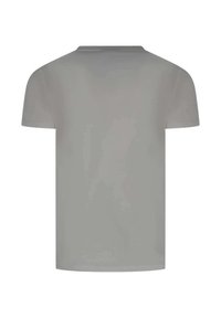Camiseta de algodón gris con cuello redondo y mangas cortas. La parte trasera es suave, sin patrones ni acentos. Diseño simple y austero.
