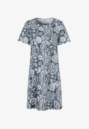 Blau-weißes, blumiges, kurzärmeliges Kleid mit Rundhalsausschnitt und Rüsche am Saum, knielang, aus leichtem Stoff.