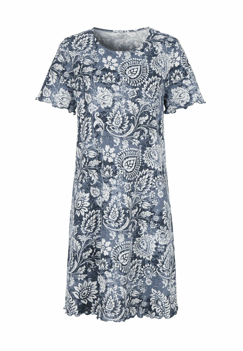 Blå och vit blommönstrad kortärmad klänning med rund halsringning och volangkant, knälång, i lätt tyg.