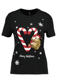 Svart t-shirt med kort ärm som har en glittrig guldsloth, röda och vita godiskäppar i form av ett hjärta och vita snöflingemönster.