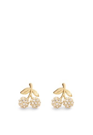 Gold-tone stud earrings featuring two small, textured berry-like shapes adorned with clear rhinestones and connected by a leaf accent.