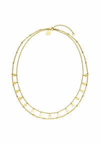 Halskette in Goldoptik mit zwei geschichteten Ketten und kreisförmigen Akzenten sowie einem Karabinerverschluss. Schlichtes, zartes Design.