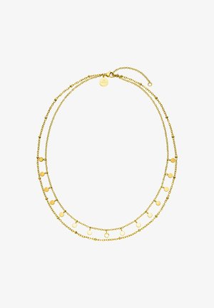 Halskette in Goldoptik mit zwei geschichteten Ketten und kreisförmigen Akzenten sowie einem Karabinerverschluss. Schlichtes, zartes Design.