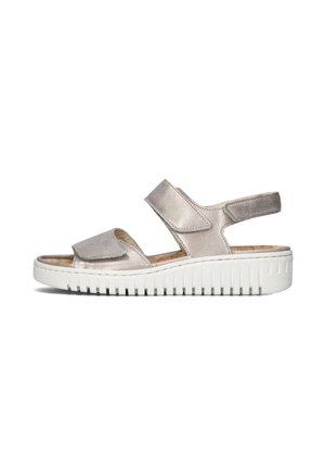 Silver suede sandal with two adjustable straps, open toe, and a textured white wedge sole for grip. Ideal for comfort and support.