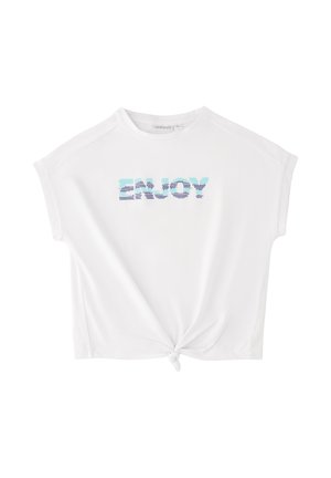 Biały krótki top z krótkim rękawem, z wiązaniem z przodu i turkusowym oraz granatowym napisem "ENJOY" na piersi.
