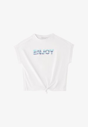 Biały krótki top z krótkim rękawem, z wiązaniem z przodu i turkusowym oraz granatowym napisem "ENJOY" na piersi.