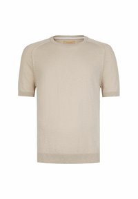 Beige kortærmet striktrøje med rund hals, med glat tekstur og ribbet kant og ærmekanter. Mærket er synligt ved kraven.
