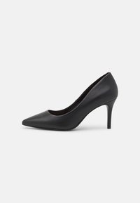Melnas ādas augstpapēžu kurpes ar noapaļotu purngalu un elegantu dizainu. Kurpei ir gluda tekstūra un slaida stiletu papēdi.
