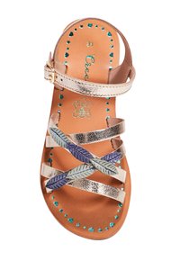Metallische gouden sandalen met drie versierde banden in teal en paars. Lichtbruine zool met decoratieve turquoise stippen en harten. Maat 31.