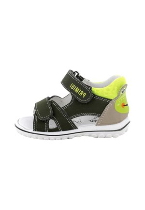 Sandalo aperto per bambini in nero e verde neon con cinturini in velcro e dettaglio faccia di rana sul tallone.