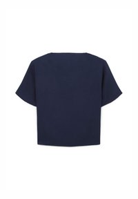 Top blu navy a maniche corte, con scollo quadra e vestibilità ampia, mostrato da dietro su uno sfondo bianco.