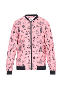 Roze bomberjack met zwarte grafische prints, voorzien van een ribgebreide kraag en manchetten, voorritssluiting en een casual pasvorm.