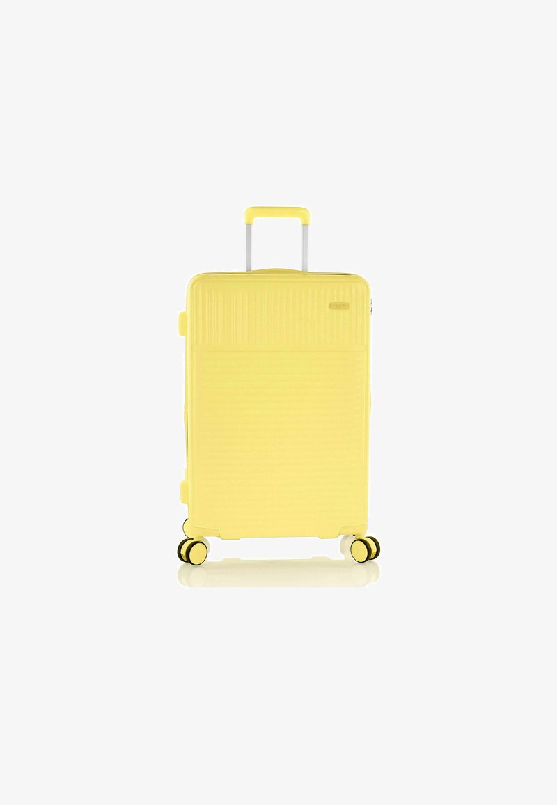Gelbes Hartschalen-Koffer mit strukturierter Oberfläche, ausziehbarem Griff, vier doppelten Spinner-Rädern und einem Reißverschluss.