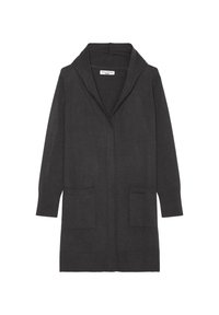 Kullsvart cardigan med sjalkrage, lange ermer, to frontlommer og åpen design. Laget av myk stoff.
