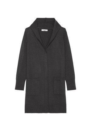 Cardigan gri cărbune cu guler tip șal, mâneci lungi, două buzunare frontale și un design deschis. Confecționat dintr-un material moale.