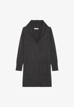 Cardigan gri cărbune cu guler tip șal, mâneci lungi, două buzunare frontale și un design deschis. Confecționat dintr-un material moale.