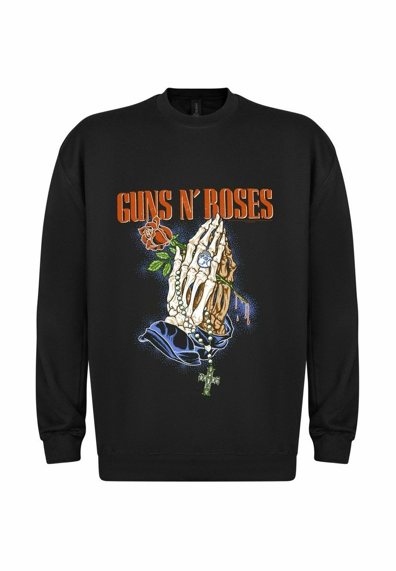 Zwarte sweatshirt met een grafisch ontwerp van een skelethand met een roos, kralen en een kruis, met de tekst "GUNS N’ ROSES" in oranje.