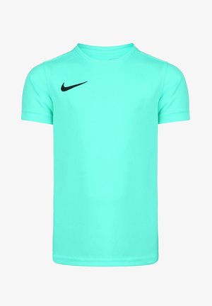 T-shirt vert menthe à manches courtes en tissu lisse avec un col rond et un petit logo Nike noir en haut à gauche.