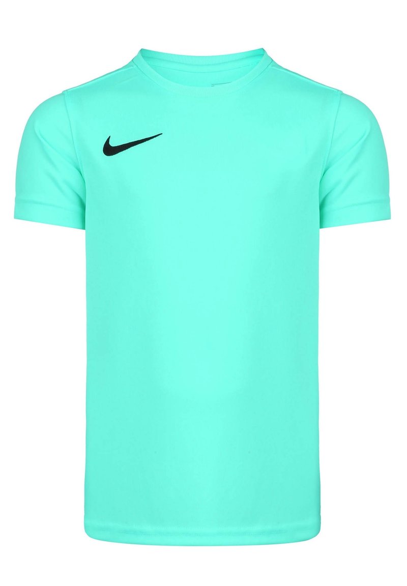 Camiseta de manga corta en verde menta, hecha de tela suave, con cuello redondo y un pequeño logo negro de Nike en la parte superior izquierda.