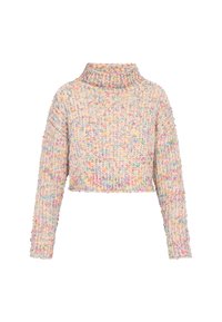 Multikleurige, cropped trui met een hoge kraag. Gemaakt van textuurgarens, met pastelkleuren en een losse pasvorm. Gezellige en zachte uitstraling.