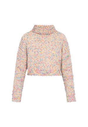 Multikleurige, cropped trui met een hoge kraag. Gemaakt van textuurgarens, met pastelkleuren en een losse pasvorm. Gezellige en zachte uitstraling.