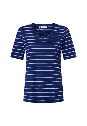 Navy blue short-sleeve t-shirt with white horizontal stripes and a V-neck, made from soft fabric, featuring a straight hem and a small logo tag.