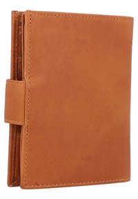 Brown leather wallet with a smooth texture, folded design, and visible stitching. Features a tab closure and interior compartments for cards.