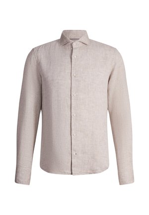 Beżowa lniana koszula z długim rękawem, guzikami z przodu i klasycznym kołnierzem, prezentowana na białym tle.