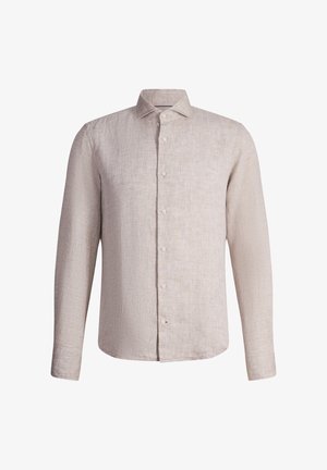 Beżowa lniana koszula z długim rękawem, guzikami z przodu i klasycznym kołnierzem, prezentowana na białym tle.